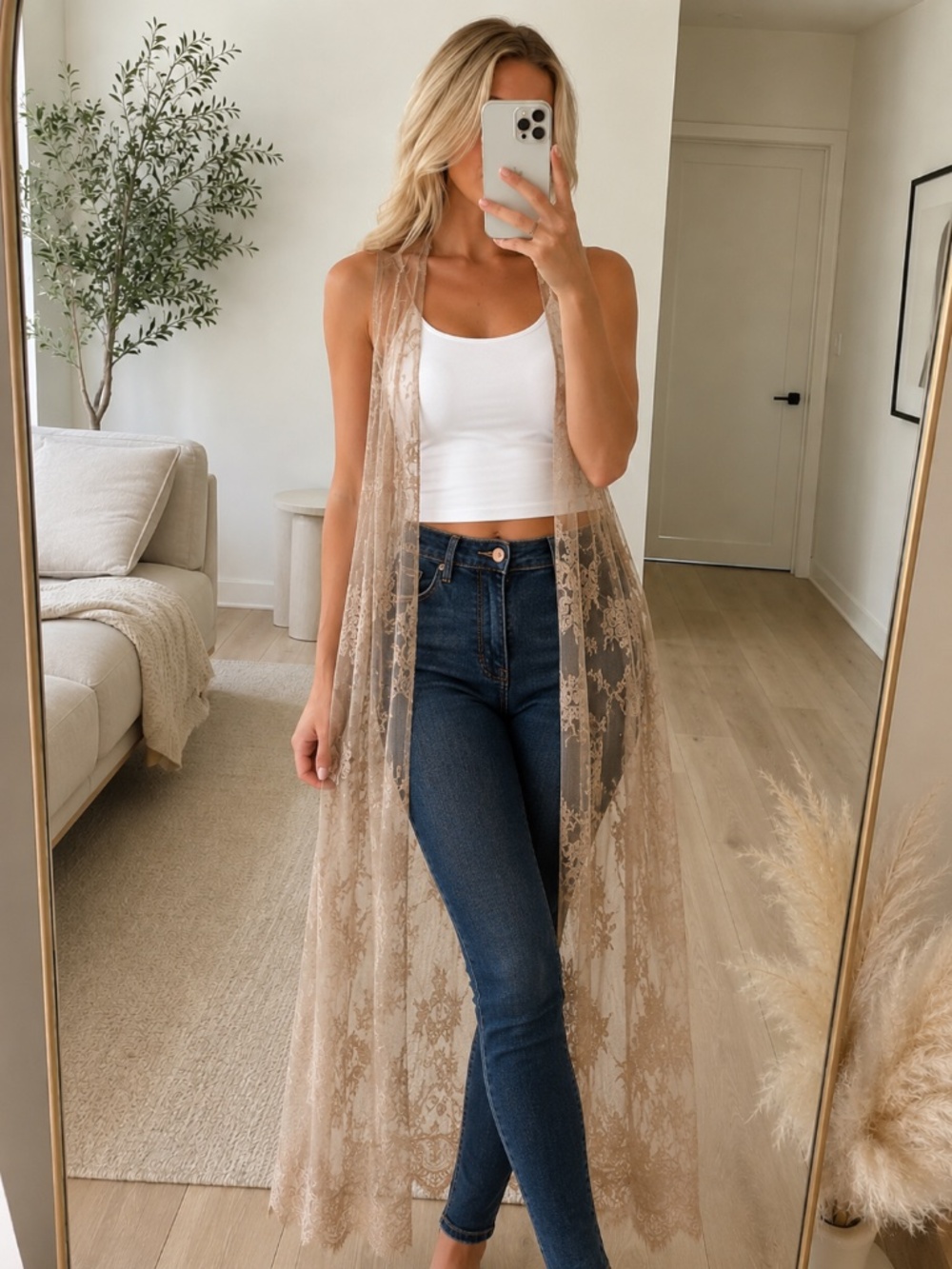 NWT Taupe Sheer Lace Duster Vest Small